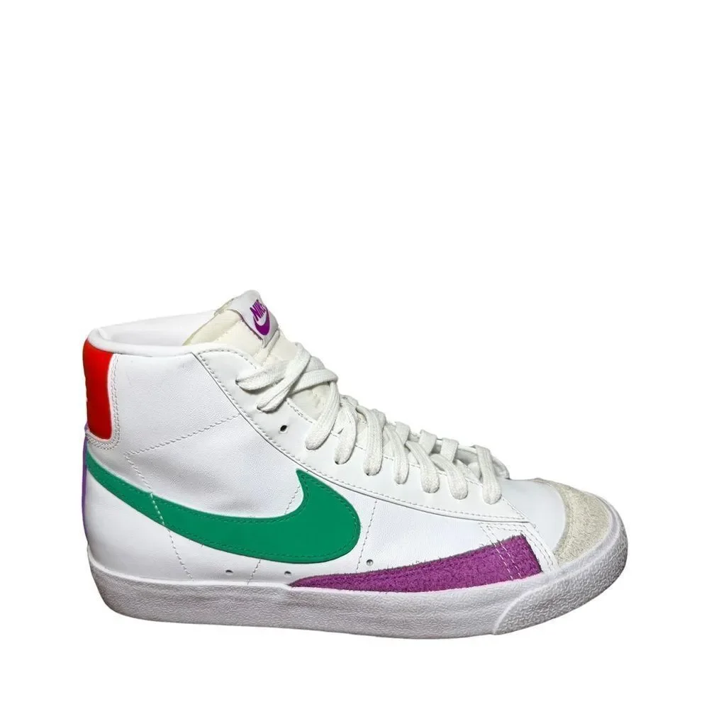 Nike Blazer Mid White Leather Sneakers with Green Swoosh & Purple size 9.5